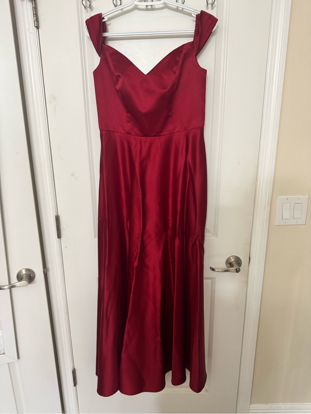 David's Bridal Burgundy Satin Off-Shoulder Maxi Dress